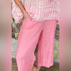 Hot Cotton 100% Linen Pink Wide Leg Cropped Drawstring Pants Sz M